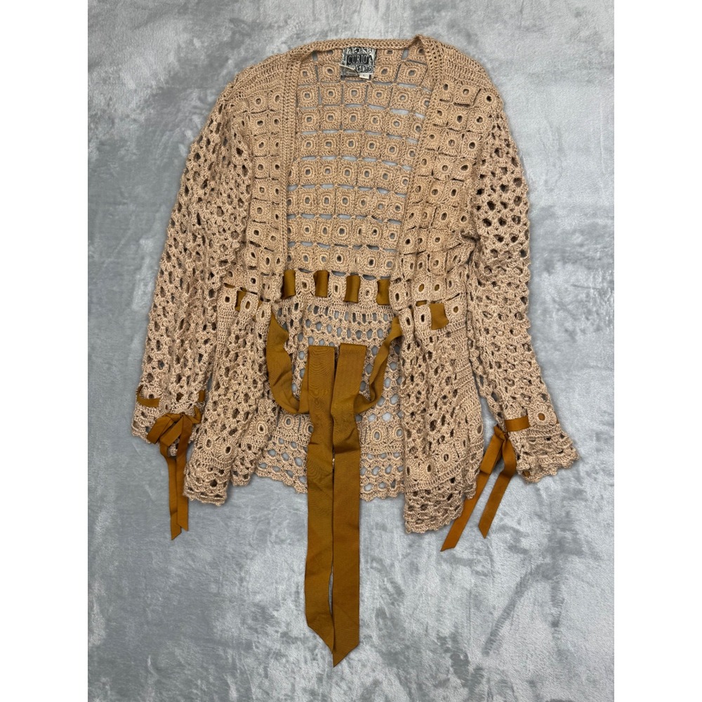 Vintage Anthropologie CURIO Beige Crochet Knit Granny Square Cardigan Sweater L - Picture 3 of 12